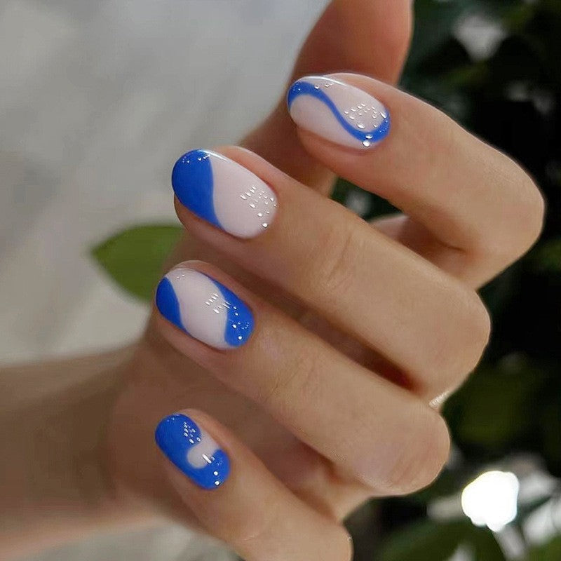 Ocean Wave Short Oval Royal Blue and White French Tip with Rhinestone Accents Press On Nail Set
