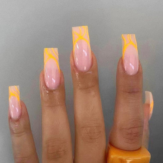 Sunrise Glow Extra Long Square Beige with Yellow Swirl Accent Press On Nail Set