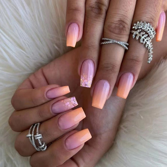 Peachy Keen Long Square Peach Pink Ombre with Glitter Accents Press On Nail Set