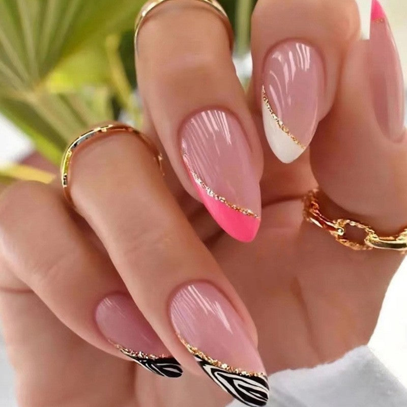 Tropical Elegance Long Almond Beige with Hot Pink Tips and Gold Stripe Accent Press On Nail Set
