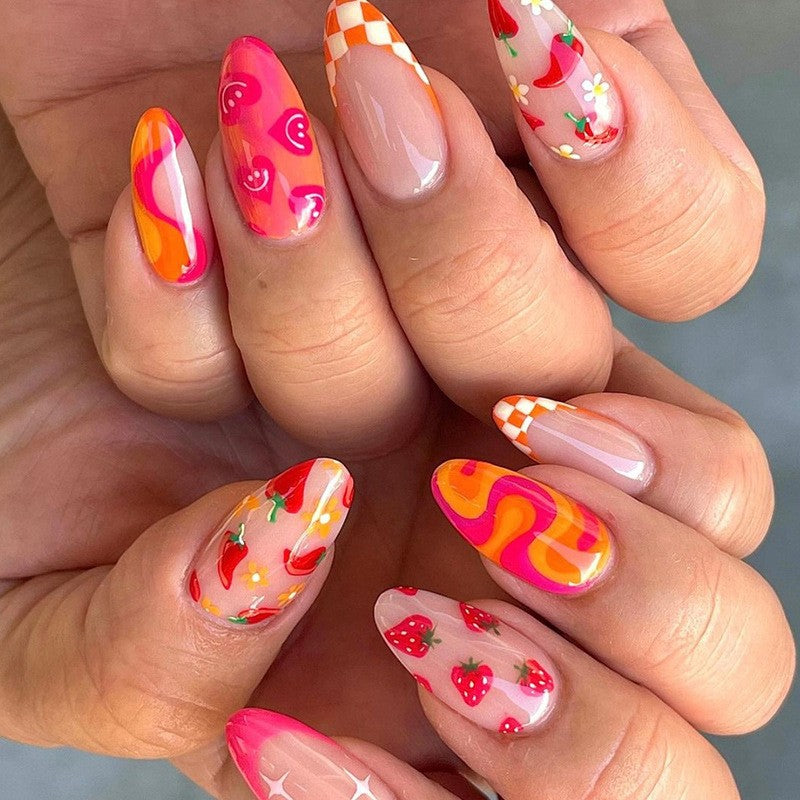 Summer Picnic Medium Almond Beige with Orange and Pink Swirls Checkered and Strawberry Accents Press On Nail Set