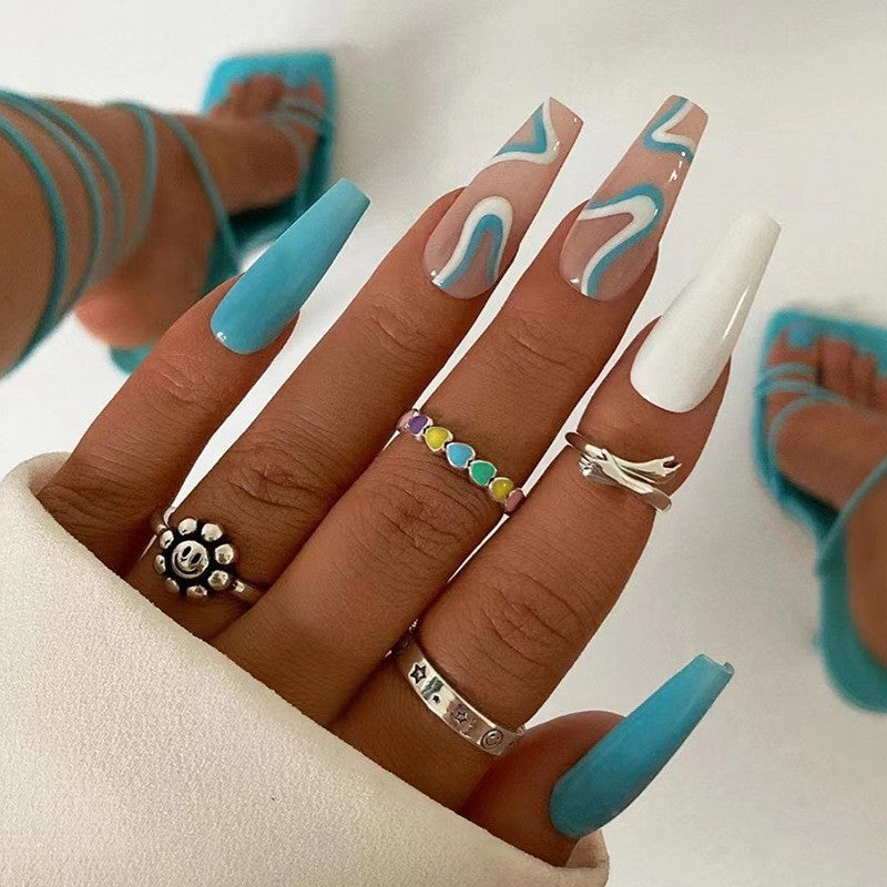 Coastal Charm Extra Long Coffin Matte Sky Blue and White Swirl Press On Nail Set
