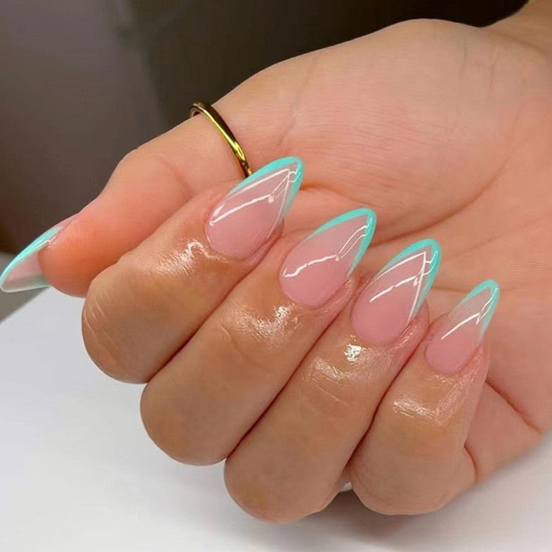 Minty Fresh Medium Almond Beige with Mint Green Outline Press On Nail Set