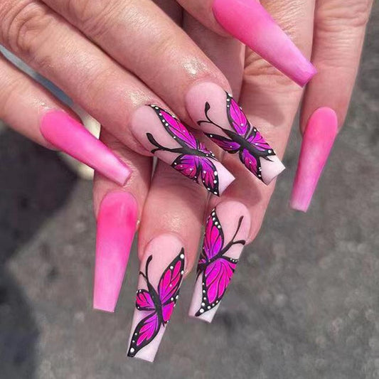 Flamboyant Flutter Extra Long Coffin Hot Pink with Butterfly Wing Art Press On Nail Set