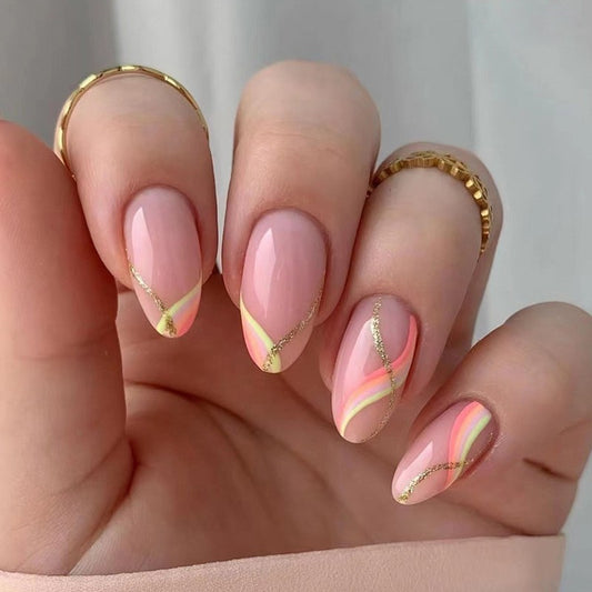 Sunset Serenity Medium Almond Blush Pink with Gold Glitter Swirls Press On Nail Set