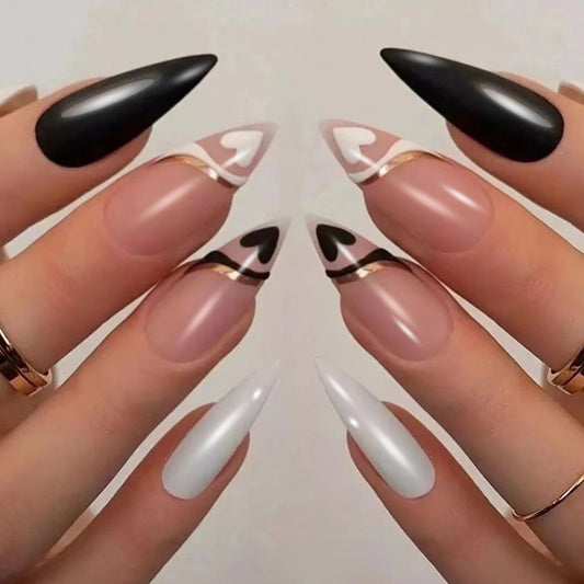 Monochrome Majesty Medium Stiletto Beige Black and White with Gold Stripe Press On Nail Set