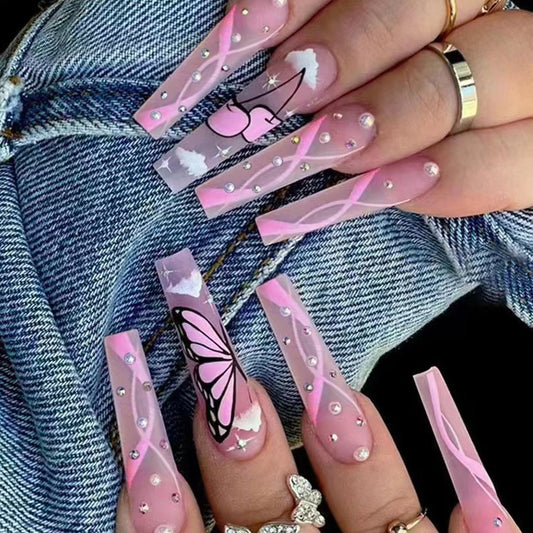Mystical Wings Extra Long Coffin Pink with Butterfly Silhouette and Rhinestone Embellishments Press On Nail Set