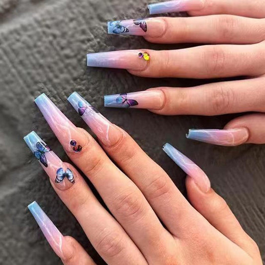 Enchanted Lavender Extra Long Coffin Marble Pink and Blue with Butterfly and Gem Accents Press On Nail Set