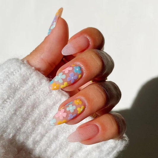 Spring Bloom Medium Almond Beige with Pastel Flower Accents Press On Nail Set