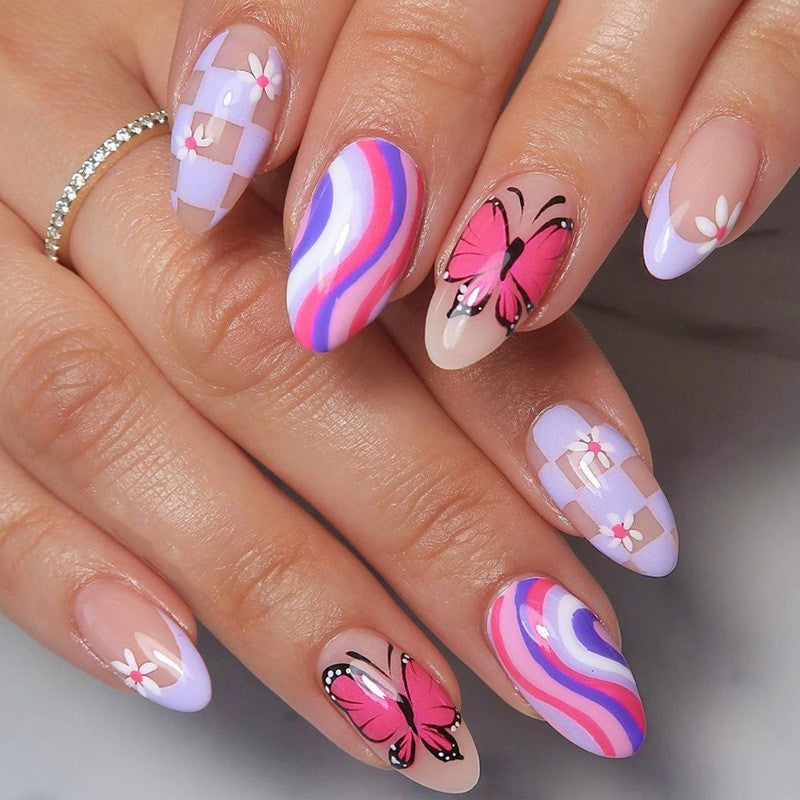 Springtime Flutter Medium Almond Beige with Pink Stripes and Butterfly Accents Press On Nail Set