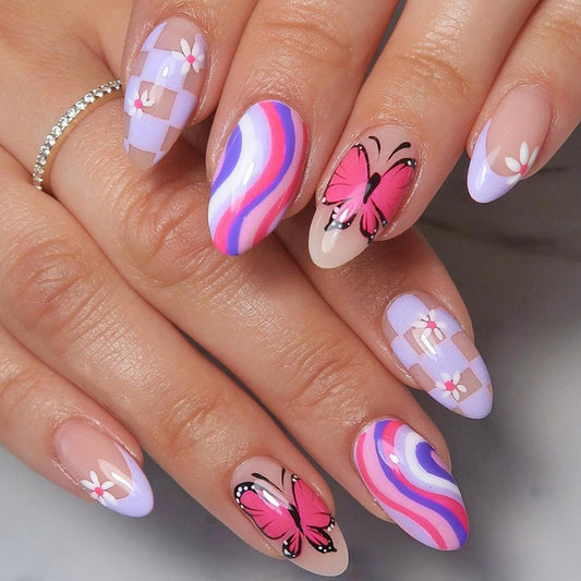 Springtime Flutter Medium Almond Beige with Pink Stripes and Butterfly Accents Press On Nail Set