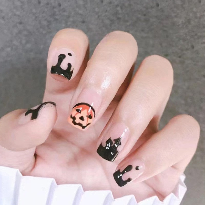 Spooky Night Short Square Press-On Nail Set, Black and Orange with Halloween Motifs