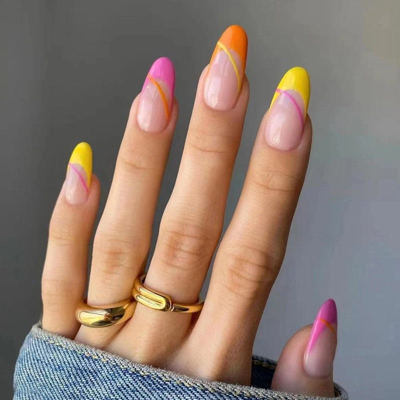 Summer Citrus Medium Almond Press-On Nail Set, Neon Yellow and Orange with Transparent Art Design