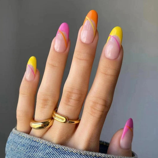 Summer Citrus Medium Almond Press-On Nail Set, Neon Yellow and Orange with Transparent Art Design