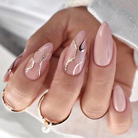 Elegant Affair Medium Almond Press-On Nail Set, Beige Pink with Gold Swirl Accents