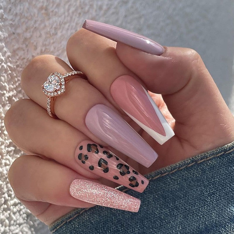 Glamorous Gala Long Coffin Press-On Nail Set, Pink Ombre and Glitter with Leopard Print Detail