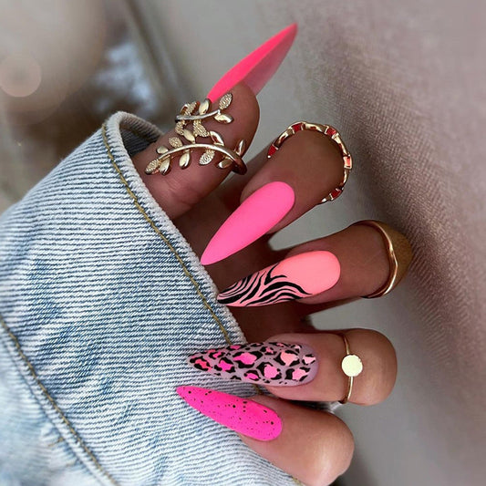 Manager Long Stiletto Pink Leopard Press On Nails