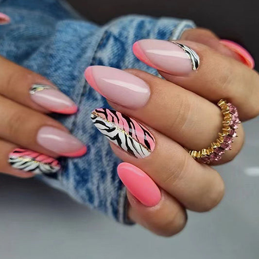 Break Time Medium Oval Pink Animal Pattern Press On Nails