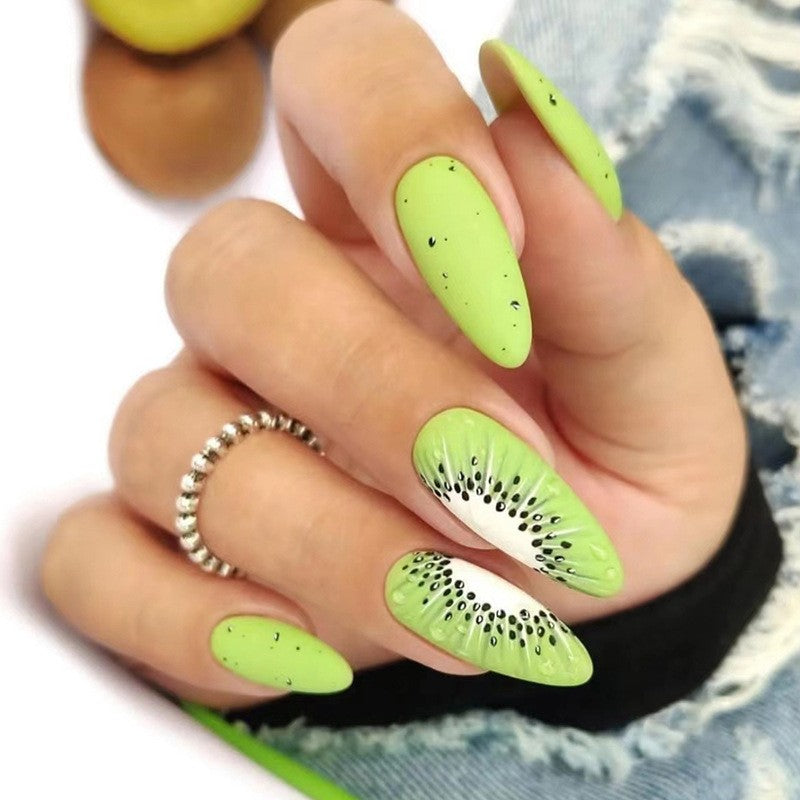 Tropical Kiwi Long Oval Press-On Nail Set, Lime Green with Speckled Detail and Seed-Inspired Accents