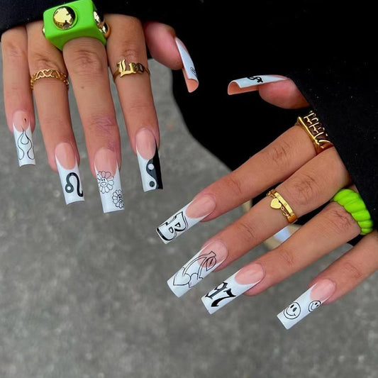 Abstract Art Extra Long Coffin Press-On Nail Set, White and Black with Whimsical Doodle Designs