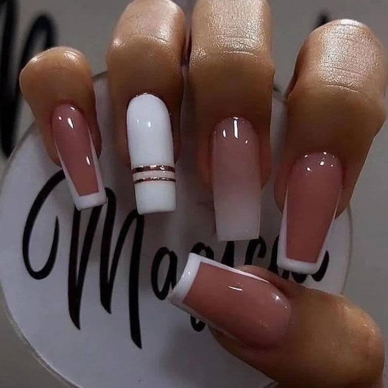 Modern Elegance Medium Square Press-On Nail Set, Beige and White with Metallic Stripe Accents