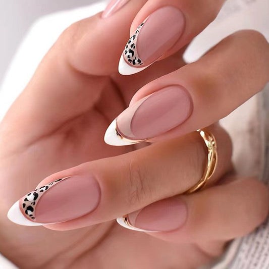 Safari Chic Long Almond Press-On Nail Set, French Ombre with Leopard Print Detail