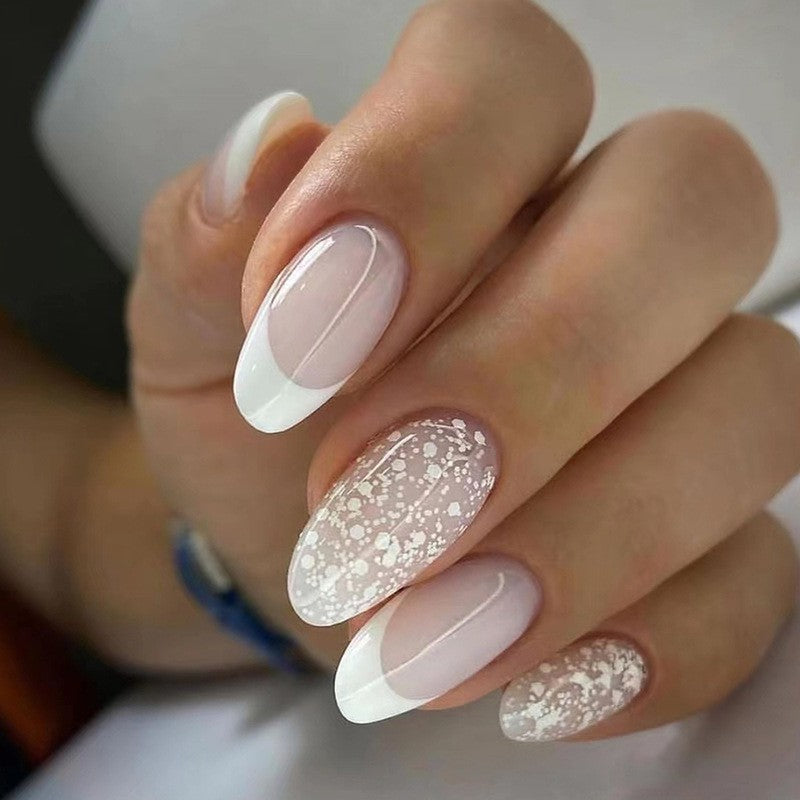Lace Luxury Medium Almond Press-On Nail Set, French Ombre with White Lace Pattern Accents