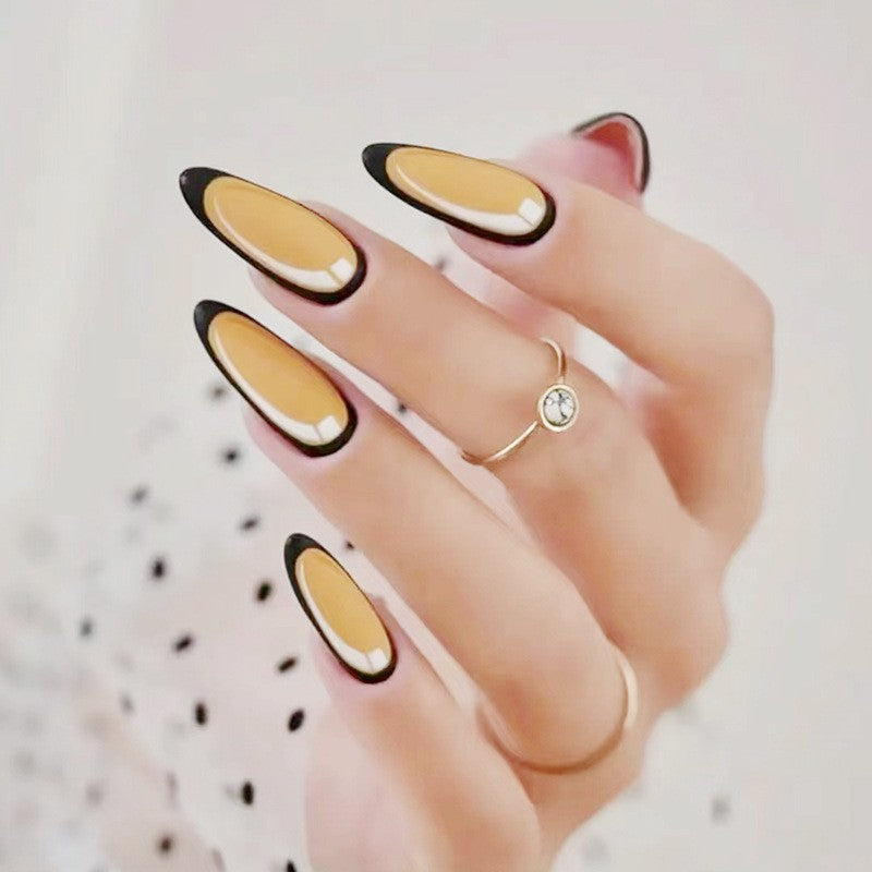 Sunset Silhouette Long Oval Press-On Nail Set, Matte Black with Yellow Ombre and Outline Detail
