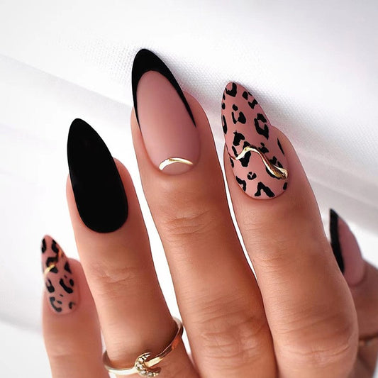 Wild Glamour Medium Almond Press-On Nail Set, Matte Black and Beige with Leopard Print and Gold Stripe Detail