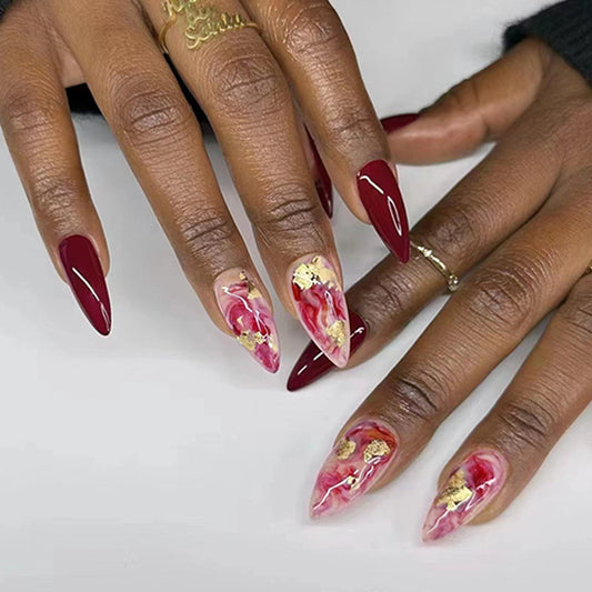 Too Hot Medium Almond Red Marble Press On Nails