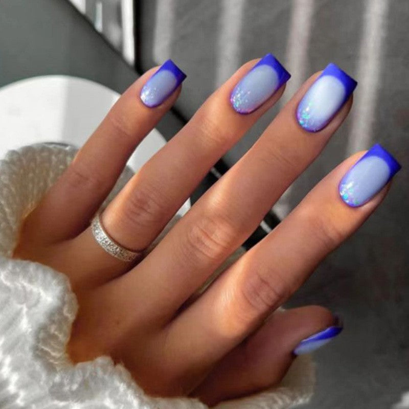Mystic Frost Short Square Press-On Nail Set, Royal Blue with Iridescent Glitter Fade
