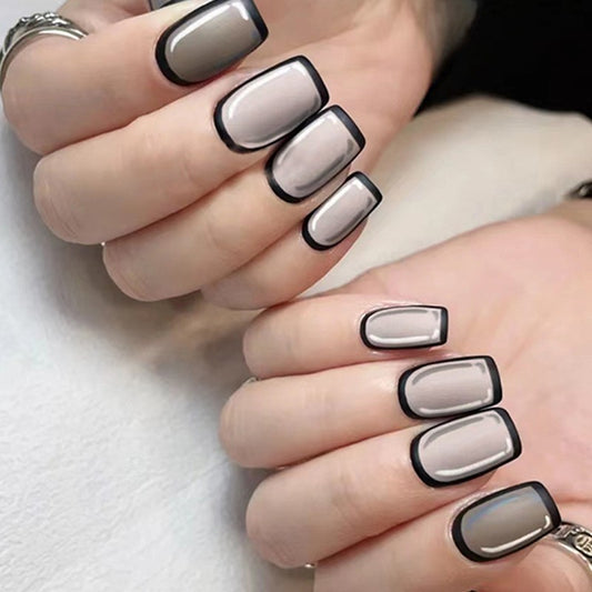 Urban Chic Medium Square Press-On Nail Set, Greyscale Ombre with Bold Black Edging