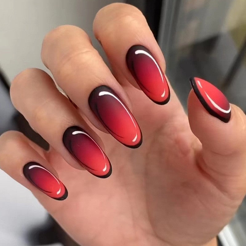 Fiery Eclipse Medium Oval Press-On Nail Set, Red to Black Ombre with Glossy Finish