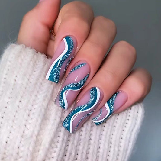Icy Waves Long Square Press-On Nail Set, Teal and Glitter with Wave Design Accents