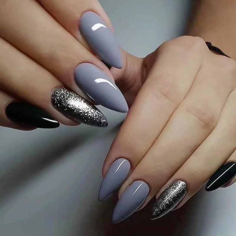 Midnight Shimmer Medium Almond Press-On Nail Set, Matte Grey and Black with Silver Glitter Accents