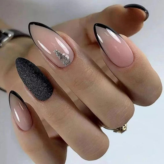 Sophisticated Sparkle Long Almond Press-On Nail Set, Beige and Black with Glitter Accent