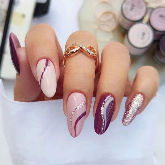 Burgundy Bliss Medium Almond Press-On Nail Set, Mauve and Glitter with Marbled Art Design