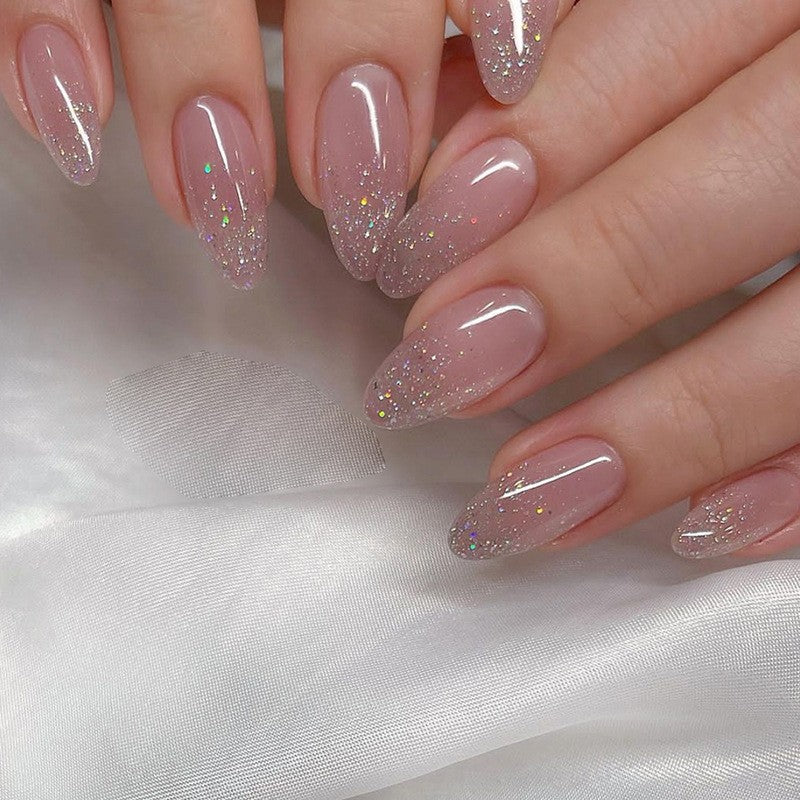 Enchanted Sparkle Medium Almond Press-On Nail Set, Beige Pink with Holographic Glitter Fade
