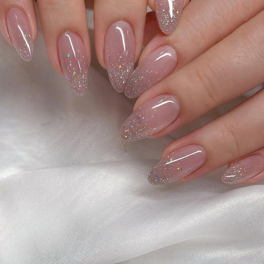 Enchanted Sparkle Medium Almond Press-On Nail Set, Beige Pink with Holographic Glitter Fade
