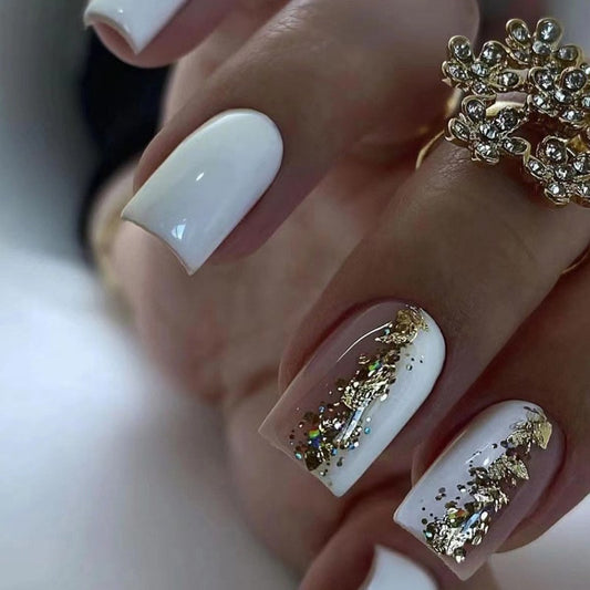 Golden Luxe Medium Square Press-On Nail Set, White with Gold Leaf and Glitter Accents