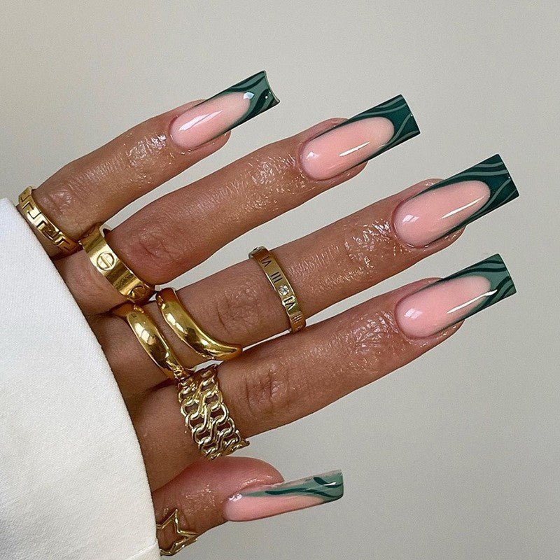 Chic Forest Extra Long Square Press-On Nail Set, Beige Pink with Dark Green French Tips
