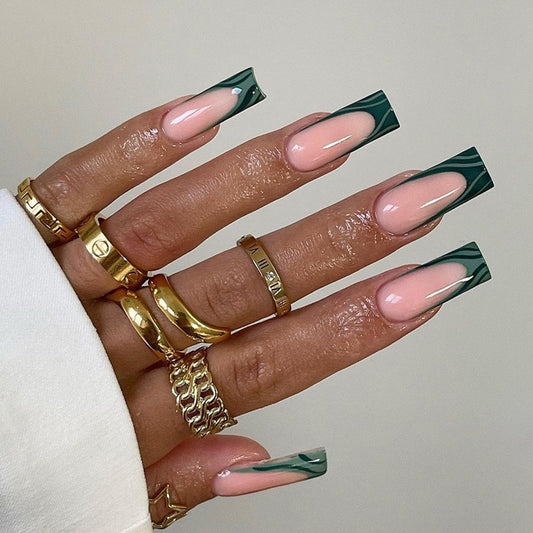 Chic Forest Extra Long Square Press-On Nail Set, Beige Pink with Dark Green French Tips