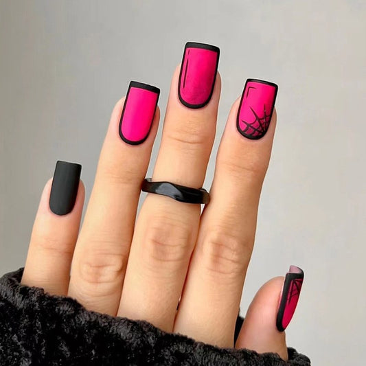 Gothic Glamour Medium Square Press on Nails Set Matte Black and Hot Pink with Accent Spiderweb Design