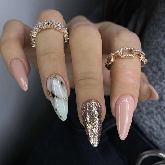 Walk Alone Medium Almond Pink Marble Press On Nails