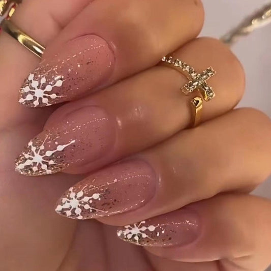 Ornamental Queen Medium Almond Pink Glitter Press On Nails