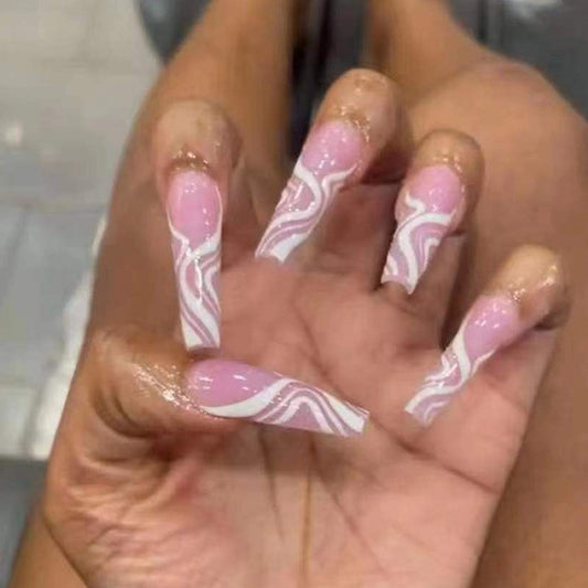 On A Boat Long Square White Groovy Press On Nails