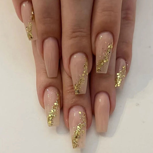 Down In Texas Medium Coffin Gold Glitter Press On Nails