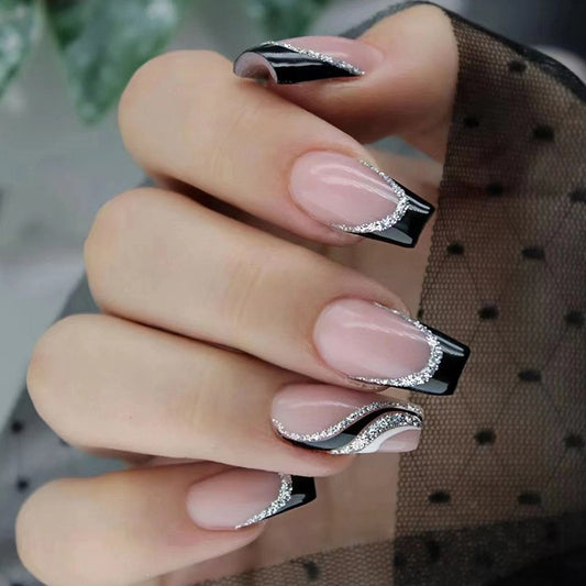 She's Slim Medium Square Silver Glitter Press On Nails