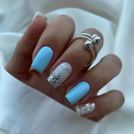 We Deserve It Medium Square Blue Glam Press On Nails