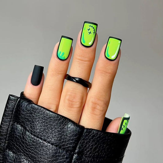 Stitched Together Medium Square Green Cartoon Press On Nails